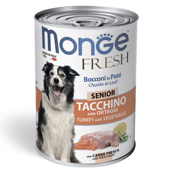 Консерва 400гр monge dog fresh консервы для пожилых собак мясной рулет индейка с овощами